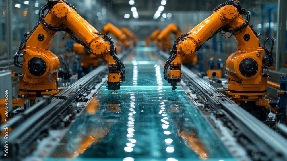 Aufkleber Robotic arms perform precise tasks in glass fabrication, showcasing advanced automation in a well equipped industrial space dedicated to manufacturing.