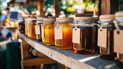 Fresh Local Honey and Artisan Jams at Vibrant Farmers' Market Stall