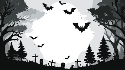 spooky halloween border, cobwebs, bats, pumpkins, ghosts, dark silhouette trees, full frame