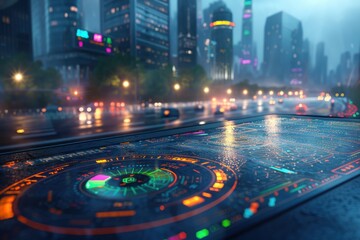 City skyline with futuristic digital display showcasing vibrant technology at twilight in an urban setting