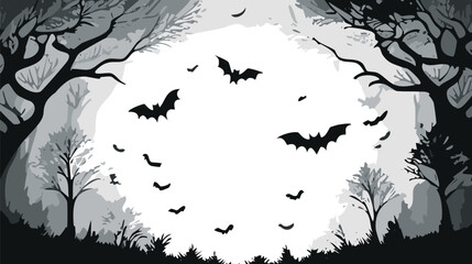 spooky halloween border, cobwebs, bats, pumpkins, ghosts, dark silhouette trees, full frame