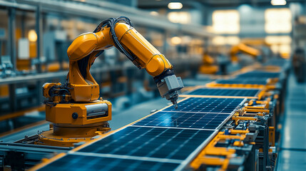 Fototapeta premium A production line for the assembly of solar panels. A yellow robotic arm that performs precise operations on solar panels moving along an assembly line.