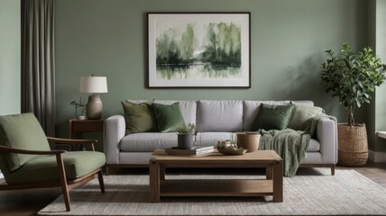 Naklejka premium A modern and comfortable living room with green color scheme