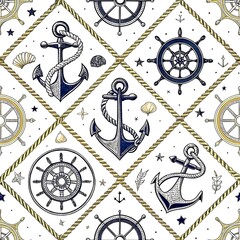 Nautical Anchors Ship Wheels Rope Seamless Pattern Design art gold blue navy retro white  