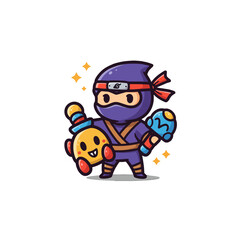 Cute Ninja Warrior Cartoon Character with Weapons