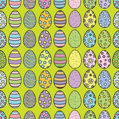 Happy Easter Vector Seamless Pattern or Banner Template. Decorative Easter Eggs Plants and Daisy Flowers Texture. Repeatable Endless Outline Colorful  Design in Creative Pastel Colors.