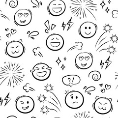 Cute Doodle emoji seamless pattern. Freehand emotion expression design. Sketch style ink brush background. 