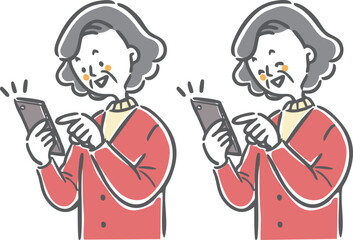 スマホを操作するシニア女性　上半身　ベクター