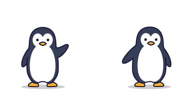 Cute penguin waving in flat design style, cheerful expression in vector art