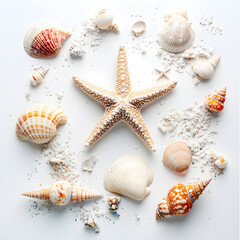 Seashells on a table on a light On white background