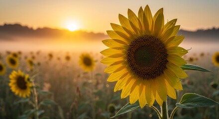 Obraz premium Golden Hour Sunflower Field Sunrise Warm Light. AI Generated