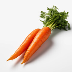 Two Fresh Organic Carrots with Greens on White Background