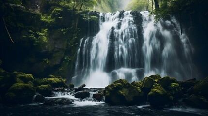 Obraz premium Serene Waterfall Cascading Through Lush Green Forest Mossy Rocks Nature Scene