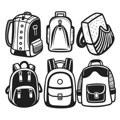 Hand-Drawn Backpack Doodle Set: Unique Black and White Bag Illustrations