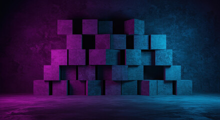 Abstract Cube Pyramid: Neon Light Art, Modern Architecture, 3D Render. Minimalist, Geometric Blocks & Futuristic Design.