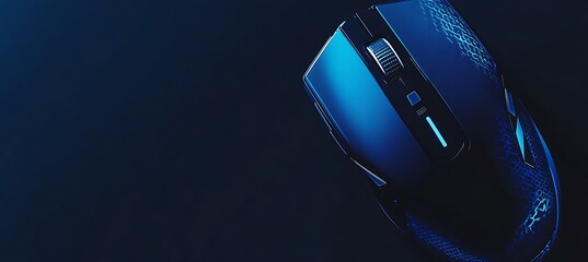 High-quality wireless gaming mouse on the left, dark blue background, tech-focused branding 