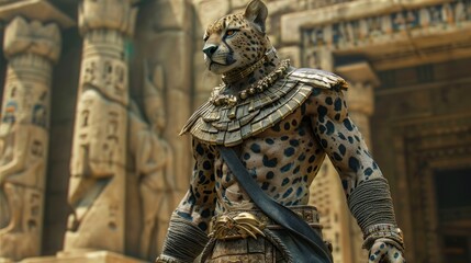 Powerful Cheetah God Ancient Egyptian Deity Majestic Gold Jewelry Temple Setting