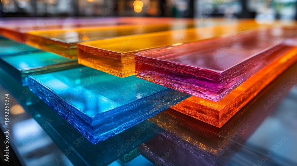 Poster vibrant sheets of colored glass are stacked neatly, showcasing various hues for potential use in con
