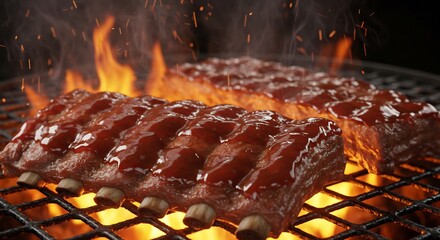 Delicious BBQ Ribs Sizzling on Grill Warm firelight enhances juicy meat glaze. AI Generated