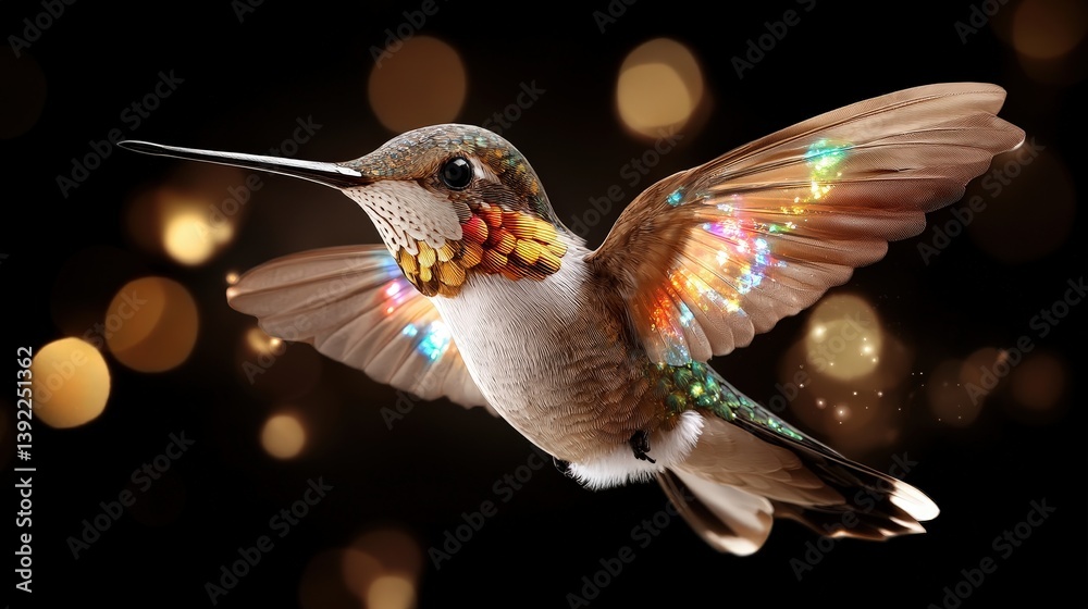 Wall mural vibrant abstract painting of a hummingbird with colorful wings and soft bokeh background