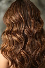 Naklejka premium Back view of chestnut brown wavy hair cascading in loose curls against a neutral studio backdrop