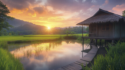 Fototapeta premium vintage wooden Thai home stands among lush rice paddies at sunset