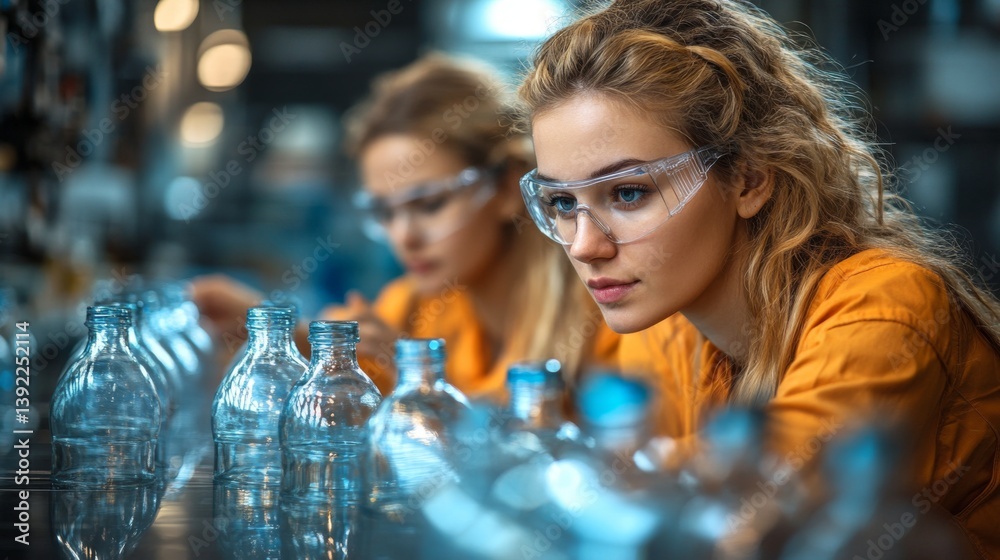Poster two workers in safety gear concentrate on inspecting glass bottles on a production line within a sta