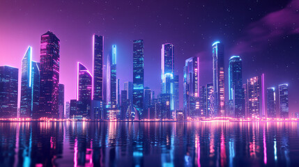 Vibrant futuristic cityscape at night showcasing bright neon skyscrapers