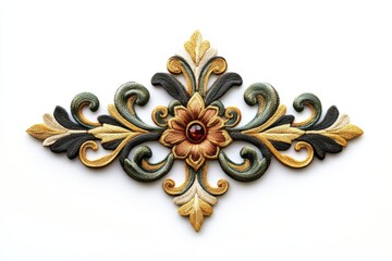 Exquisite embroidered floral applique ornate gold green brown threads central gemstone detail isolated on transparent background