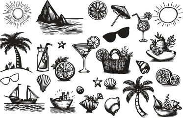 Hand drawn summer illustration set. Italian dolce vita. Minimalist line art. Palm tree, lemon, cocktails sun and sea, seashells in doodle sketch style. Drawing ink. Concept vacation ocean travel vecto