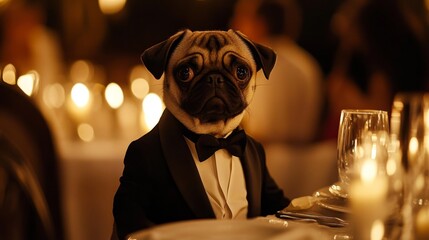 Pug in Tuxedo at a Formal Dinner