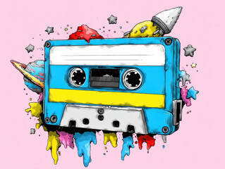 Retro Cassette Tape Pixel Art with Space Elements and Paint Splatter