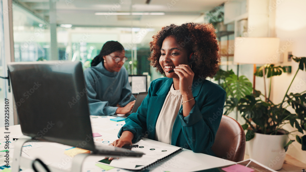 Poster call center, laptop and support with black woman in office for assistance, consulting or help. compu