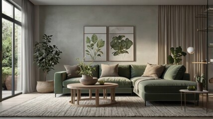 Fototapeta premium A modern living room features a comfortable sectional sofa with decor
