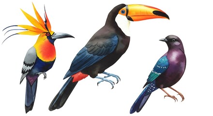 Naklejka premium Vibrant Avian Portraits: A Celebration of Watercolor Detail AI Generated