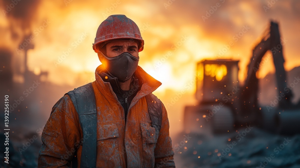 Aufkleber a worker clad in protective gear stands in front of heavy machinery during mining and excavation ope