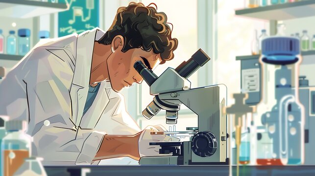 Young Scientist Examining Slide under Microscope in Modern Laboratory Setting