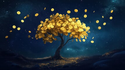 Fototapeta premium Golden money tree growing under starry night sky with falling coins
