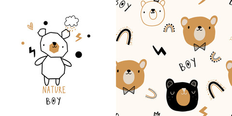 Cute nursery kid seamless pattern with bear forest wood animal background. Ideal for wrapping paper, textile, fabric. 