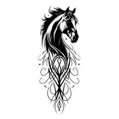 Pferd Tribal Tattoo mit Hufeisen und filigranem Ornament. Vektor Design. 