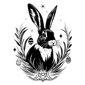 Hase im Gras mit Ostereiern, Triple Moon und Pentagramm. Ein Vektor Design f&uuml;r Ostara, Pagan und Wicca.