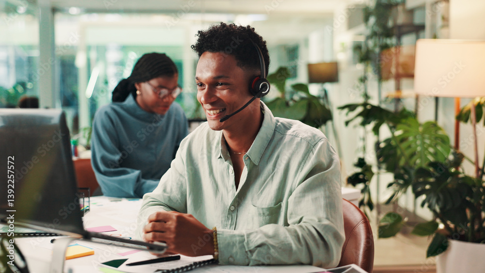 Poster laptop, smile and support with man in call center for assistance, consulting or help. communication,