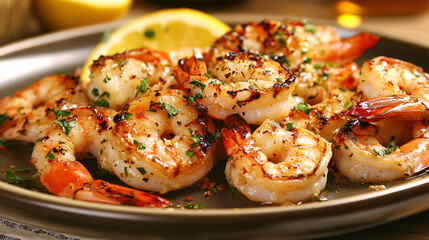 Grilled King Prawns Garnished with Zesty Citrus Dressing on Elegant Plate