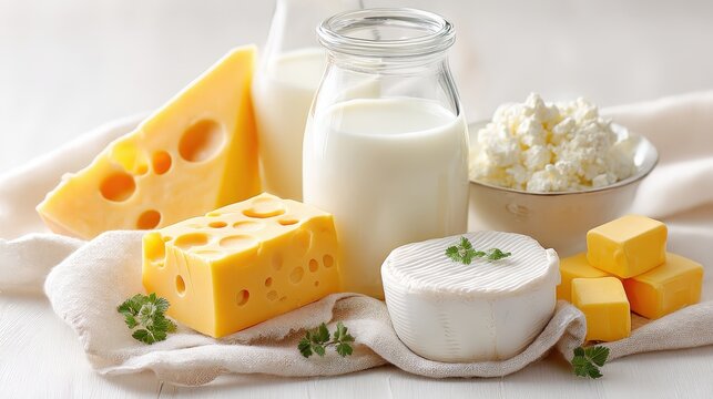 A serene arrangement of various dairy products, including cheese, milk, and cottage cheese, presented on a soft cloth with fresh herbs.