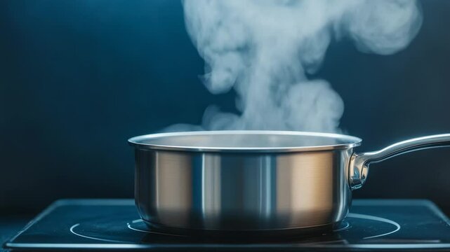 Steam rises from a stainless steel pot on a modern induction cooktop in a well-lit kitchen setting