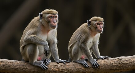 Naklejka premium Monkey Business Awaiting Wildlife Portrait Study Two Primates Pondering Awaiting The Sunset Forest Friends Capuchin Companions AI Generated