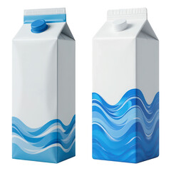Two blue and white milk cartons with a wave pattern on a transparent background