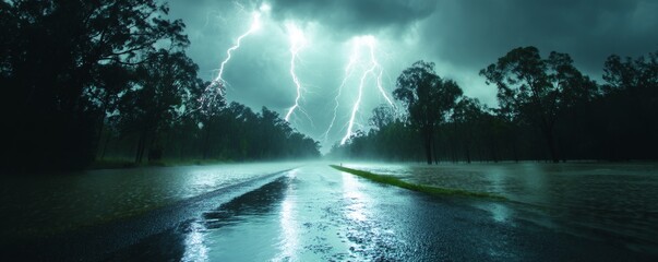 Bright flashes of lightning illuminate a flooded road during a fierce night storm - design background seamless abstract pattern