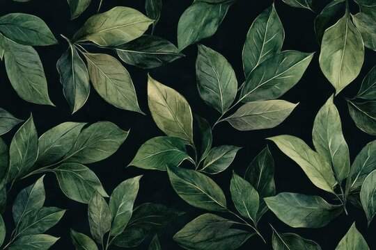Artistic watercolor depiction of green leaves against a dark background