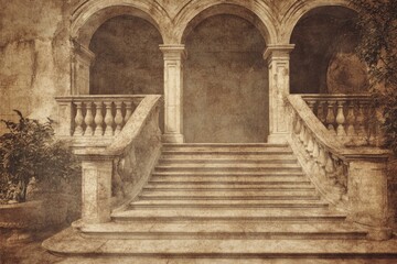 An aged architectural setting features a grand set of stone steps